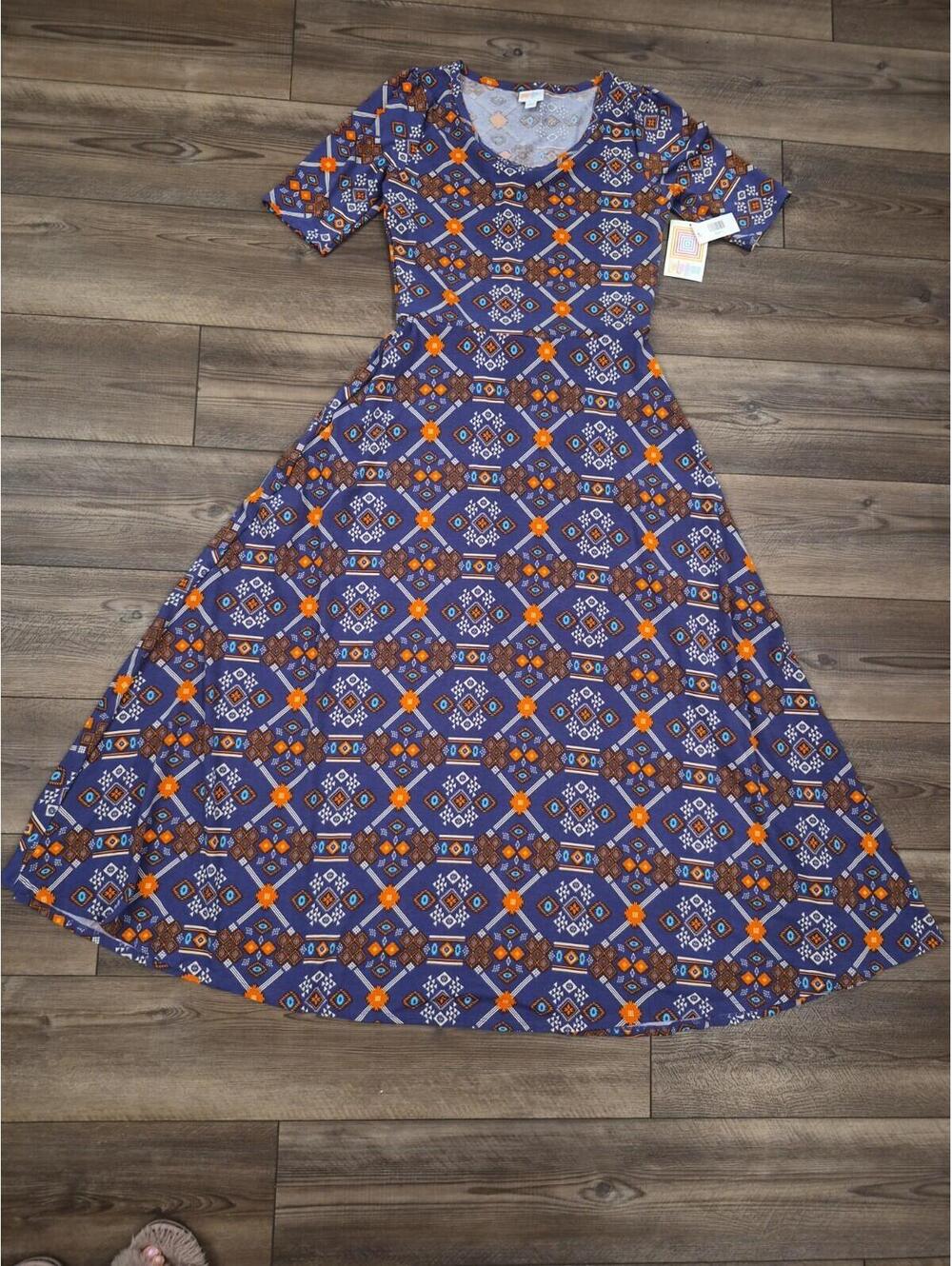 NWT LulaRoe Ana L Scoop Neck Floral Aztec Print 3/4 Sleeve Maxi Dress Purple